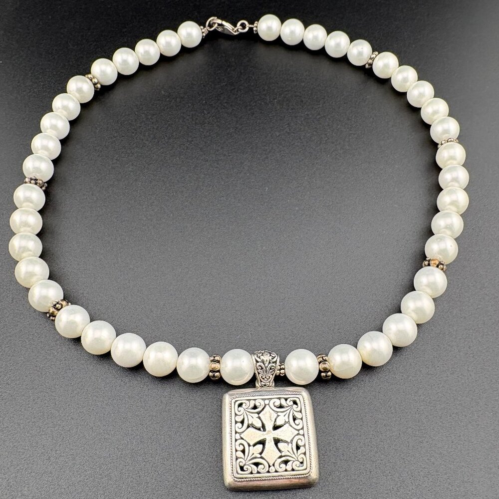 Vintage 18.5" Faux 10mm Pearls + Designer 1" Sterling Silver Cross Pendant Milo?